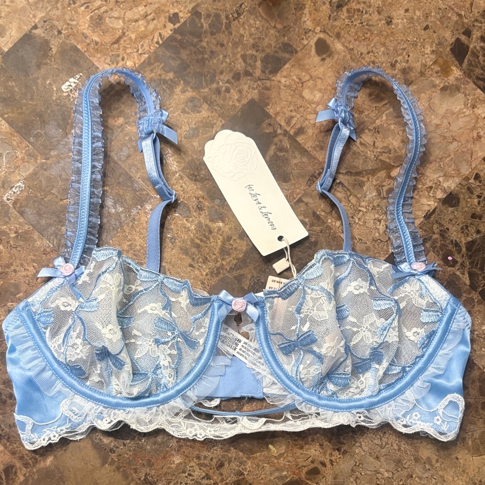 For Love & Lemons Blue Lace Underwire Balconette Bra - Brand new